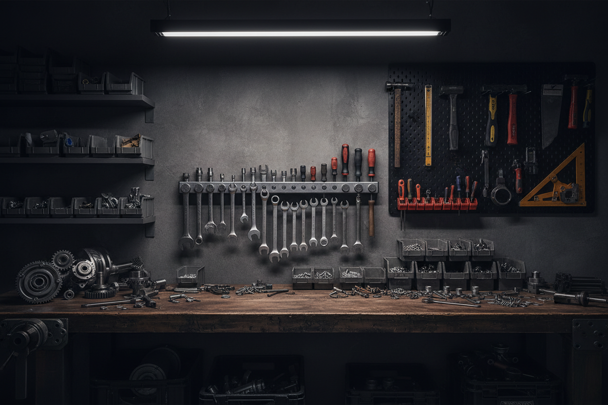 Professional workshop background with tools on a wooden table, magnetic tools, screws, metal parts, a dark modern aesthetic, clean lighting, high detail, perfect for an online store banner.